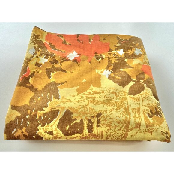 Vintage 70s flat sheet, orange, brown, yellow flowers, queen size, Pepperell - Picture 7 of 8